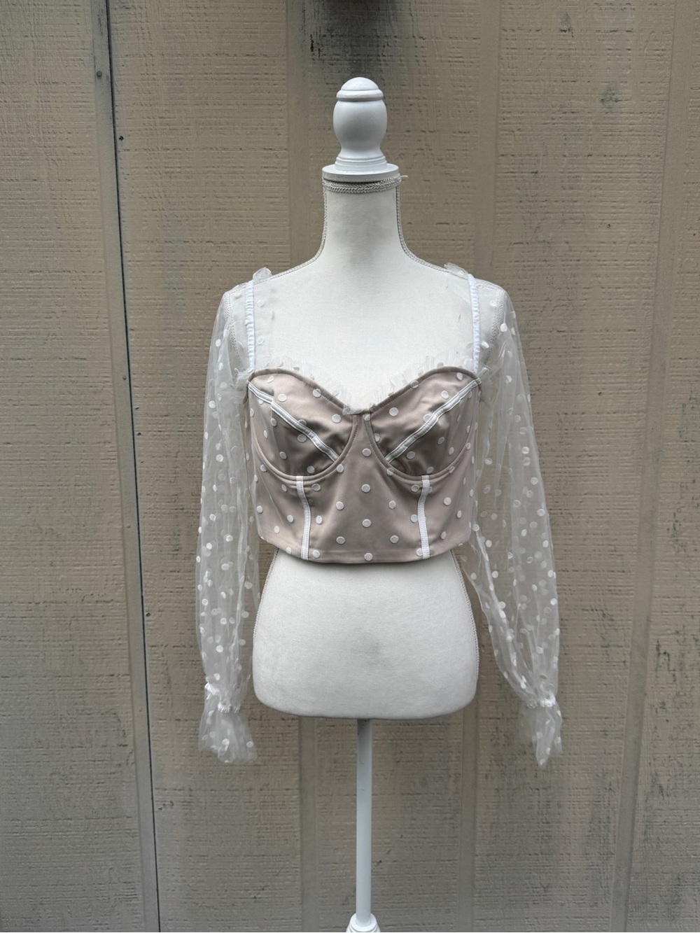 Sheer Dot Mesh Long-Sleeve Bustier Camisole in Taupe